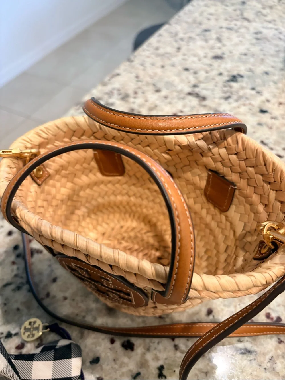 Tory Burch Tan Woven Mini Basket Bag with Black & White Gingham Scarf